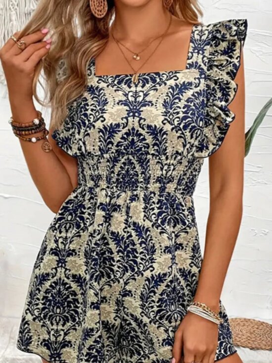 SHEIN Pants - SHEIN Blue & White Damask Ruffle Strap Smocked Romper – Size M‎ (US 6)